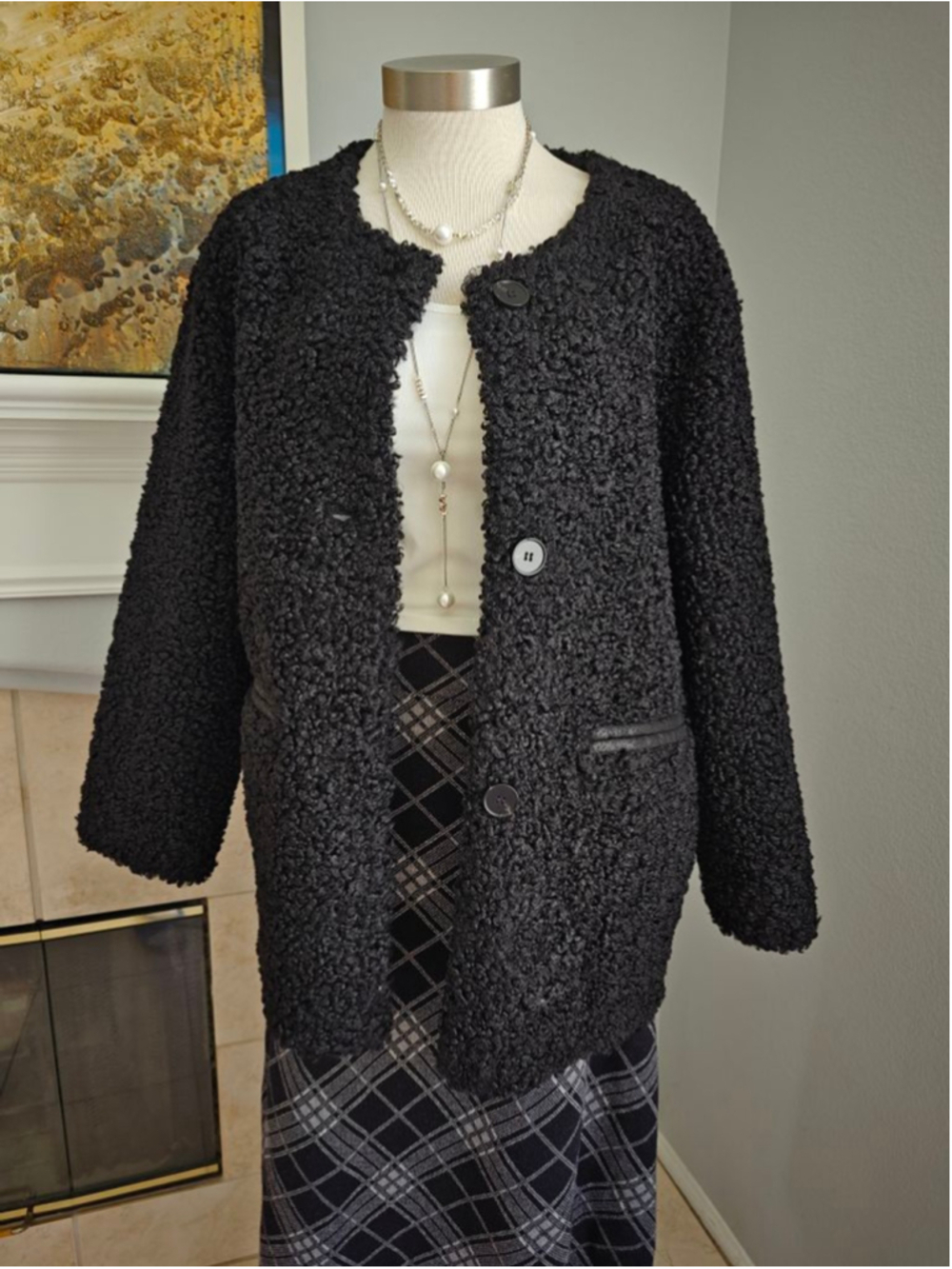 NWT Soft Teddy Bouclé Jacket Black Textured Coat Oversized Minimalist Outerwear